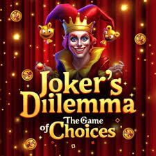 Joker's Dilemma app interface showing the theatrical burgundy curtain design with golden accents, featuring the crown-wearing Joker character and main menu options including Race of the Jokers, Ready Steady Bang, and Random Selection mini-games